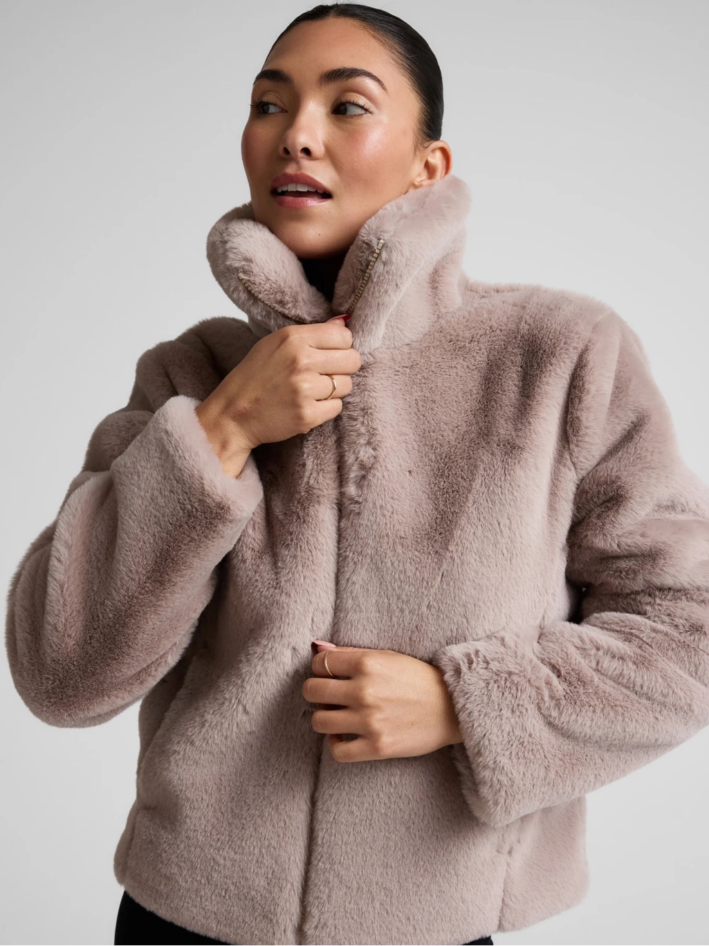 Vince Soft Cream Teddy Zip-Up Jacket With High Collar